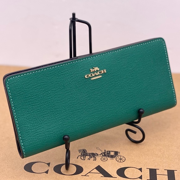 Coach Slim Snap Leather Wallet Bright Jade - Picture 1 of 15